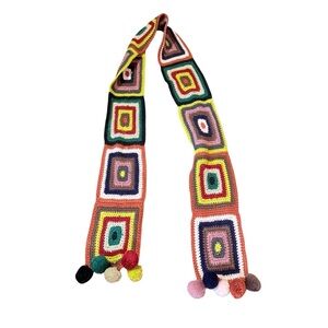 Mossimo Multicolor Boho Scarf Crochet Patchwork Pom Pom Trim Knit Women’s Winter